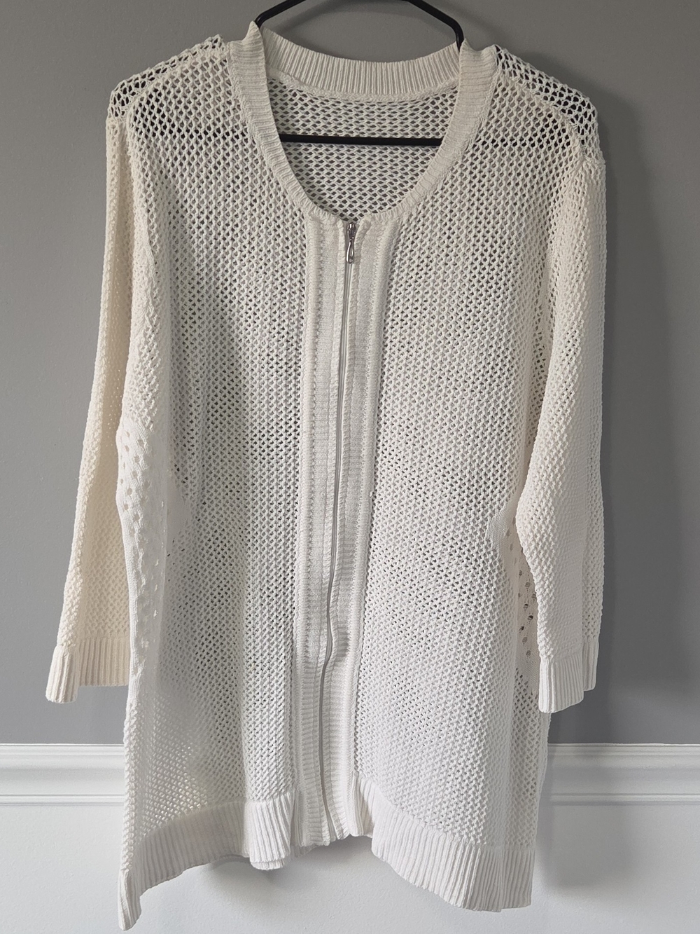 CJ Banks White Open-Knit Full Zip Cardigan 3/4 Sleeve Cover-Up Summer Sweater XL